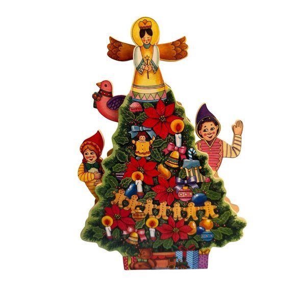 Unknown Other - Vintage Wooden Musical Animated Christmas Tree Angel Elves Gingerbread Decor 14"